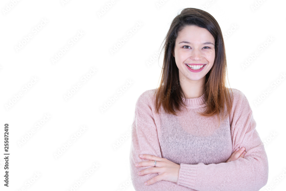 Young pretty happy smile girl isolated on white background Copy space and Mock up Young pretty happy smile girl isolated on white background Copy space and Mock up