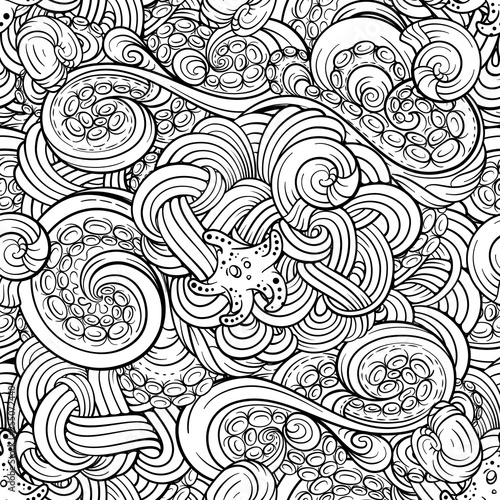 Black and white sea doodles vector seamless pattern