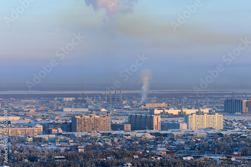 city view from above in winter of Yakutsk at sunset, Yakutia, Russia
