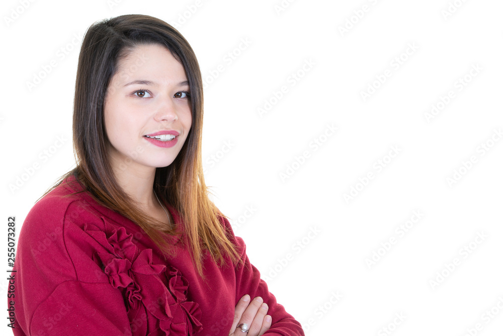 pretty young woman giggles positively at camera against white background with blank copy space for your advertisement or promotional text pretty young woman giggles positively at camera against white background with blank copy space for your advertisement or promotional text