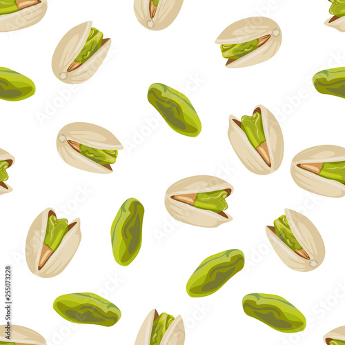 Pistachios seamless pattern on a white background. Vector illustration of nuts and seeds in a flat cartoon style.