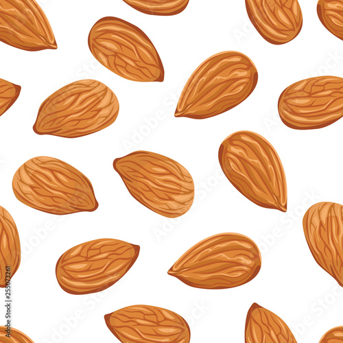 Almond nuts seamless pattern on a white background. Vector illustration of nuts and seeds in a flat cartoon style.