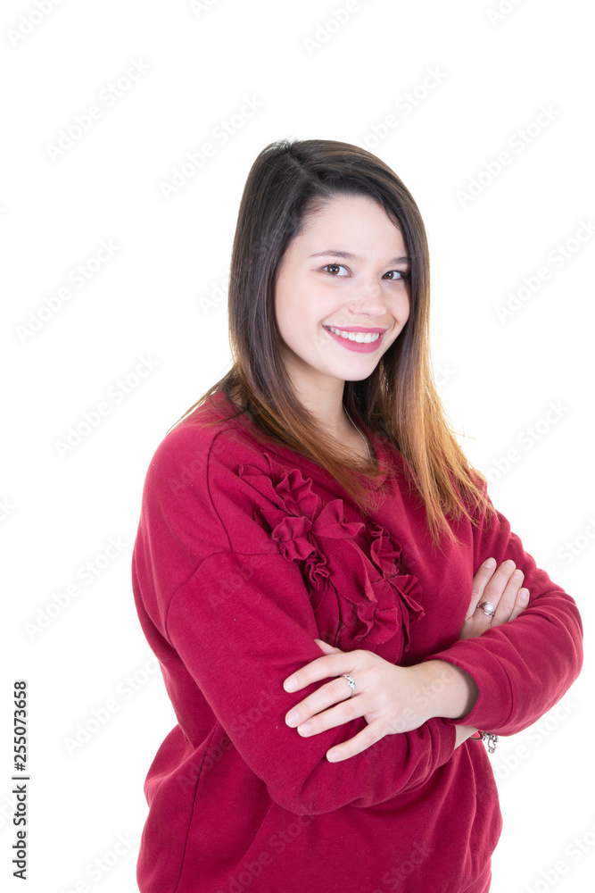 happy laughing young woman with perfect skin, natural make-up and a beautiful smile girl portrait on white background happy laughing young woman with perfect skin, natural make-up and a beautiful smile girl portrait on white background