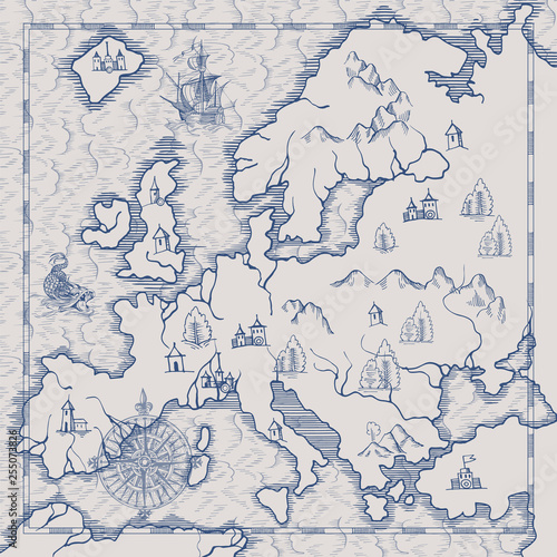 Old caravelle, vintage sailboat, sea monster. Detail of fantasy geographical maps