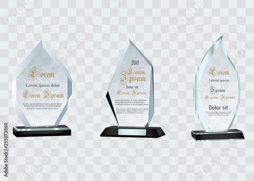 Glass Trophy Awards template. Vector prize isolated on transparent background