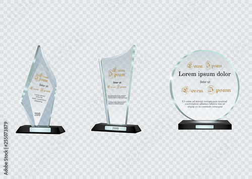 Glass Trophy Awards template. Vector prize isolated on transparent background