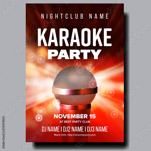 Karaoke Poster Vector. Disco Banner. Karaoke Voice Equipment. Sing Song. Entertainment Competition. Media Announcement. Luxury Emblem. Abstract Template. Rock Fun. Vocal Sign. Realistic Illustration