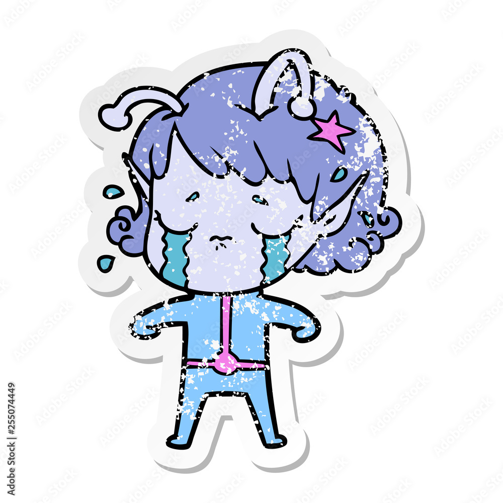distressed sticker of a cartoon crying alien girl