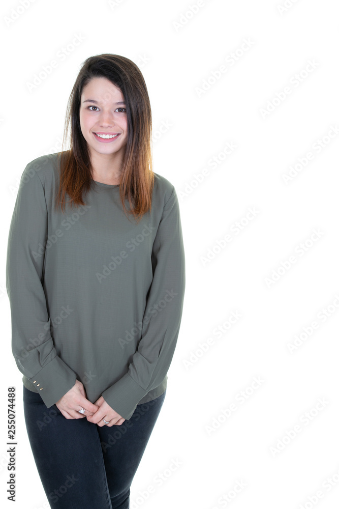 Casual pretty girl portrait isolated with blank side copy space Casual pretty girl portrait isolated with blank side copy space