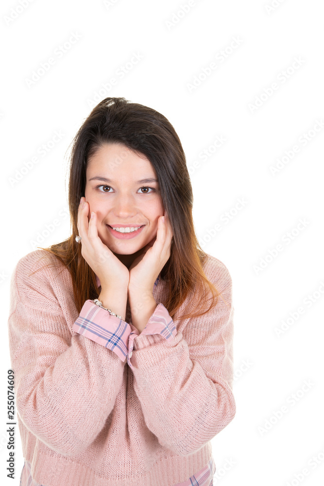 Portrait of lovely woman posing with kind smile isolated over white background Portrait of lovely woman posing with kind smile isolated over white background