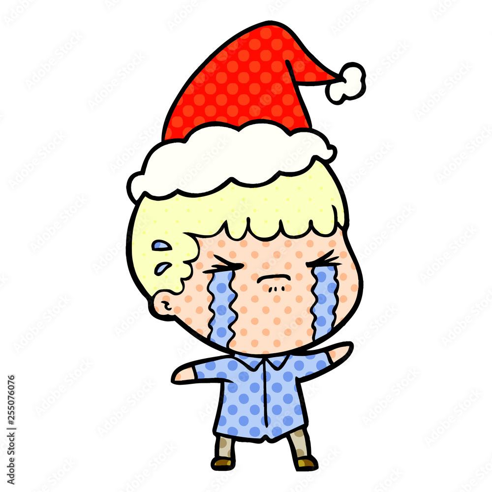comic book style illustration of a man crying wearing santa hat