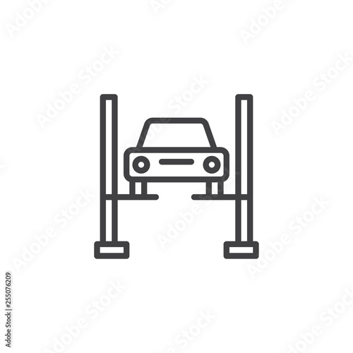 Hydraulic ramp with car line icon. linear style sign for mobile concept and web design. Car lifting ramp outline vector icon. Symbol, logo illustration. Pixel perfect vector graphics