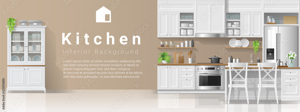 Interior background with kitchen in modern rustic style , vector , illustration - obrazy, fototapety, plakaty 