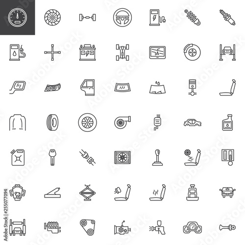 Car parts line icons set. linear style symbols collection, outline signs pack. vector graphics. Set includes icons as car speedometer, chassis , steering wheel, vehicle headlight, auto windshield