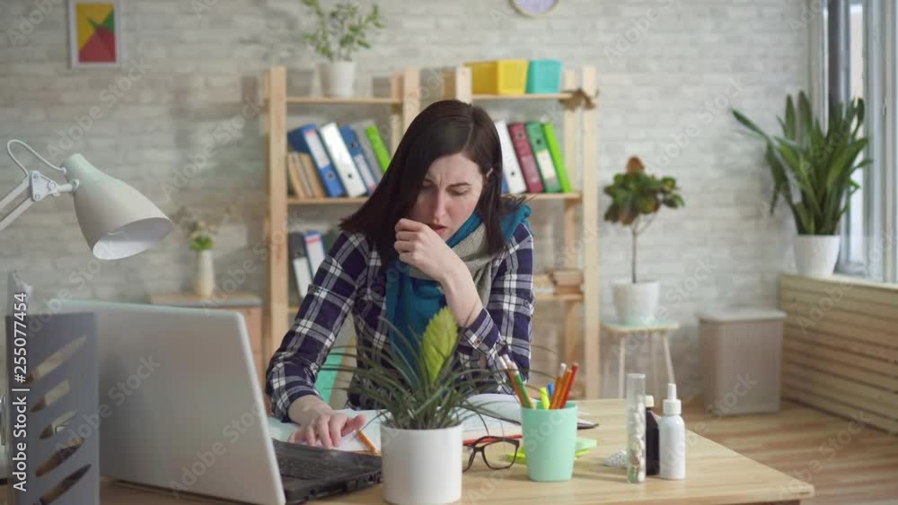 Young woman office worker has severe cough Young woman office worker has severe cough