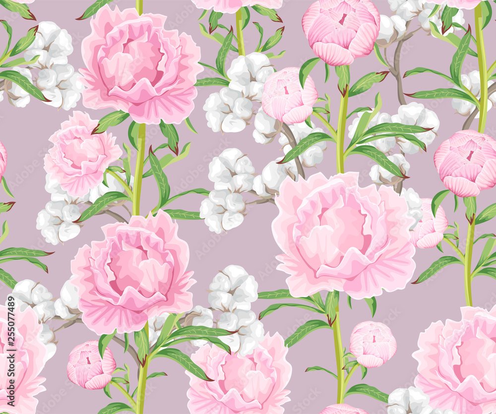 Seamless pattern with pink peonies and cotton flowers