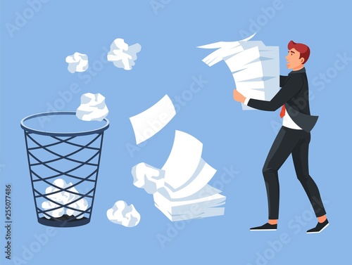 Businessman carrying paper pile office trash bin