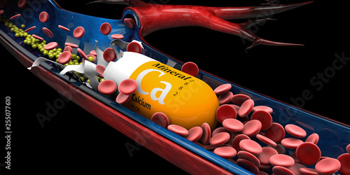 3d Illustration of Mineral Calcium Capsule dissolves in the vien photo