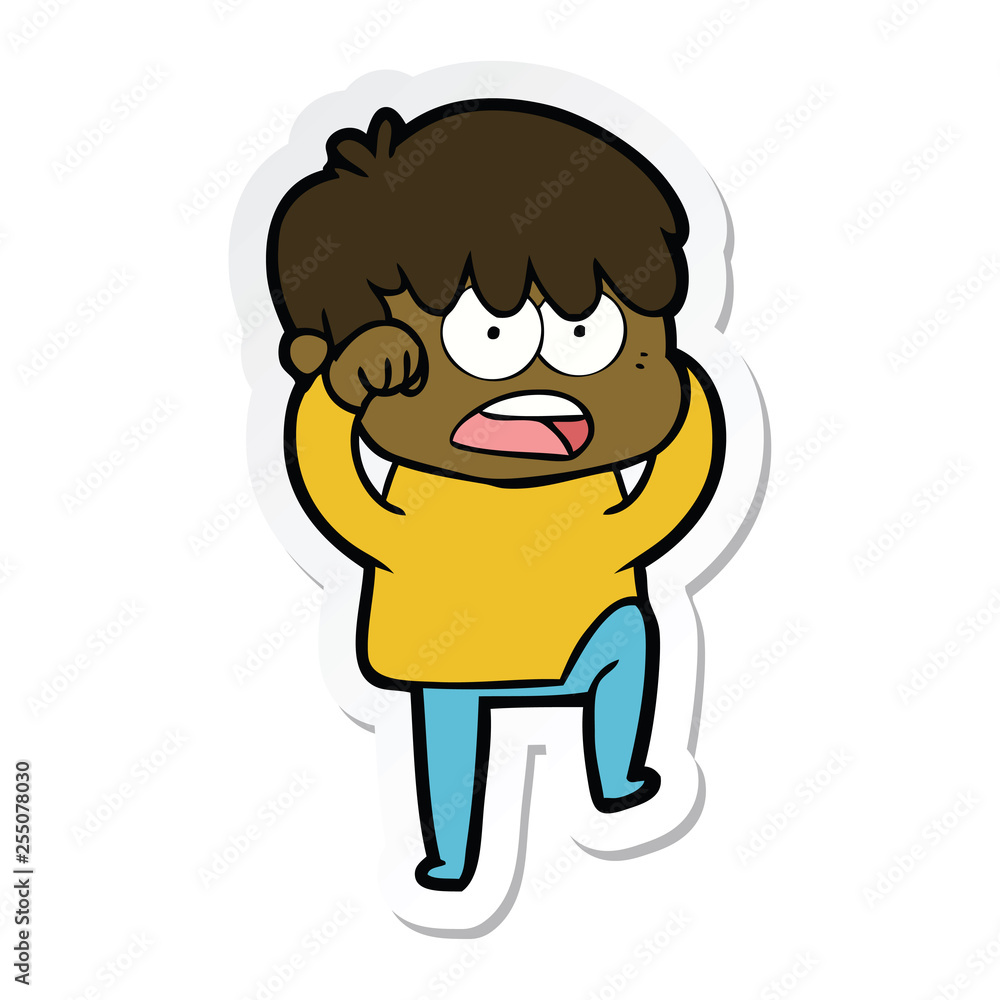 sticker of a worried cartoon boy