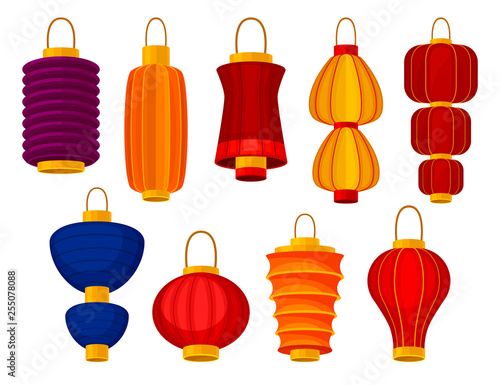 Colorful chinese lanterns on white background. Vector illustration.