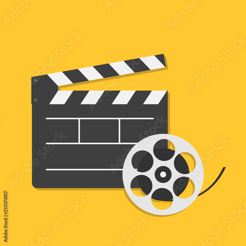Big open clapper board Movie reel Cinema icon set. Flat design style. Yellow background. Isolated.