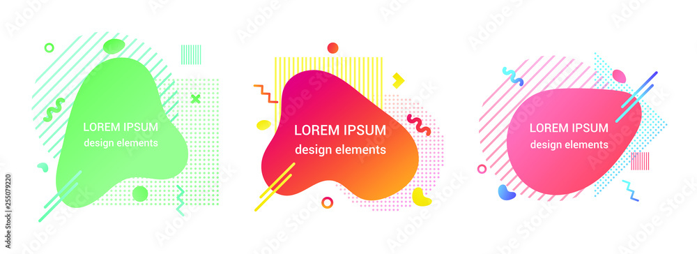 3 Modern liquid abstract element shape gradient memphis style design fluid vector colorful illustration banner set simple shape template for presentation, flyer, brochure isolated on white background. 3 Modern liquid abstract element shape gradient memphis style design fluid vector colorful illustration banner set simple shape template for presentation, flyer, brochure isolated on white background.