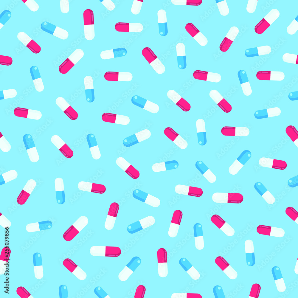 Seamless pattern with pills capsules chaotic version flat style design vector illustration isolated on light blue background. Red and blue pills backdrop seamless background template. Seamless pattern with pills capsules chaotic version flat style design vector illustration isolated on light blue background. Red and blue pills backdrop seamless background template.