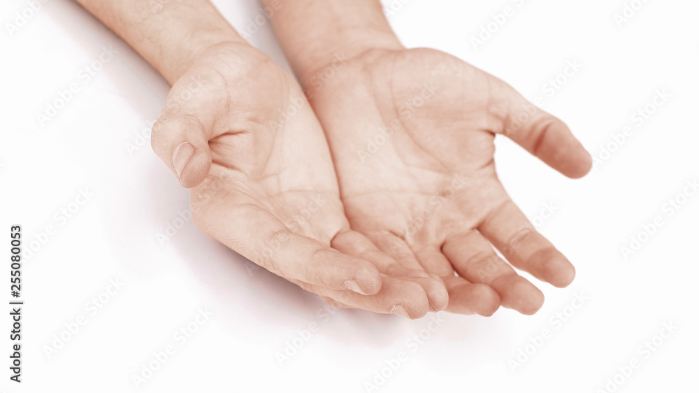 closeup. Two open empty hands with palms up closeup. Two open empty hands with palms up