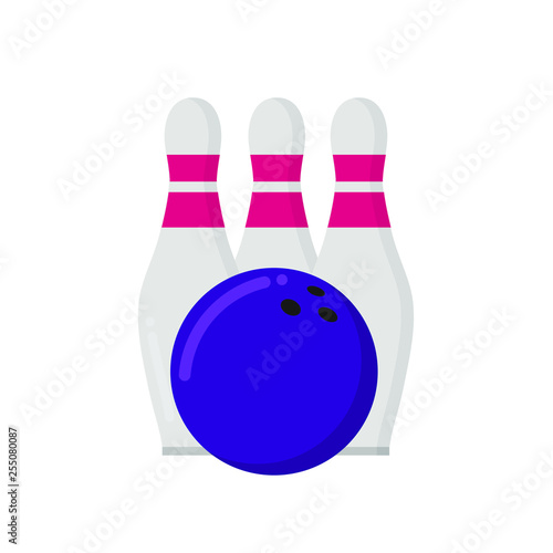 Bowling game round ball and 3 skittles icon sign flat style design vector illustration. Bowling ball and pin isolated on white background