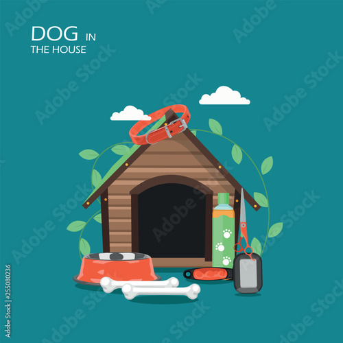 Dog in the house vector flat style design illustration
