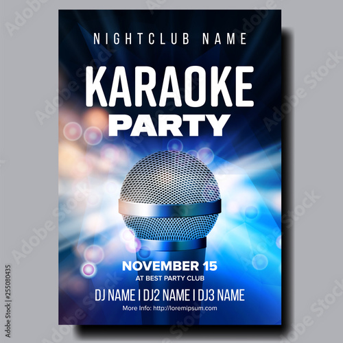 Karaoke Poster Vector. Colorful Instrument. Technology Symbol. Karaoke Party Flyer. Music Night. Radio Microphone. Retro Concert. Competition. Media Announcement. Luxury. Realistic Illustration
