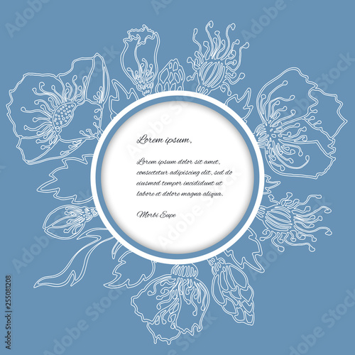 Blue postcard with white flower around letter