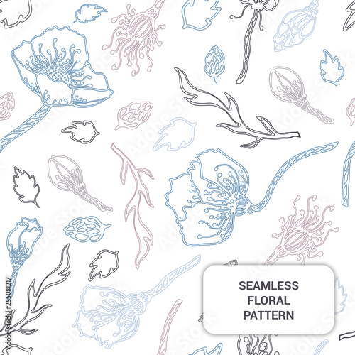 Colorfull floral seamless pattern with poppies and leaves