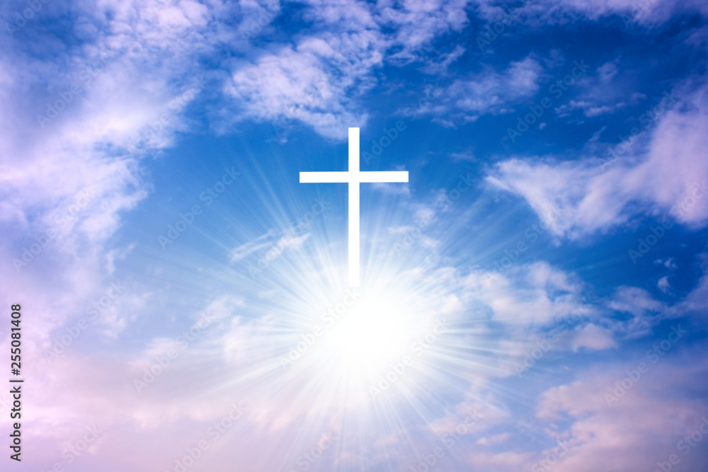 Heavenly Cross . Religion symbol shape . Dramatic nature background . Glowing cross in sky . Happy Easter. Light from sky . Religion background . Paradise heaven . Light in sky .