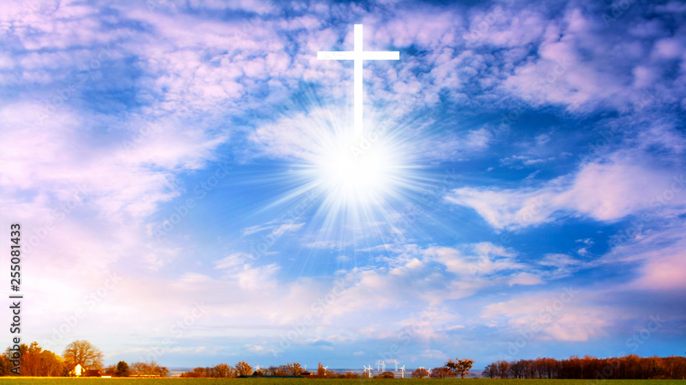 Heavenly Cross . Religion symbol shape . Dramatic nature background . Glowing cross in sky . Happy Easter. Light from sky . Religion background . Paradise heaven . Light in sky .