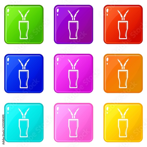 Glass cola icons set 9 color collection isolated on white for any design