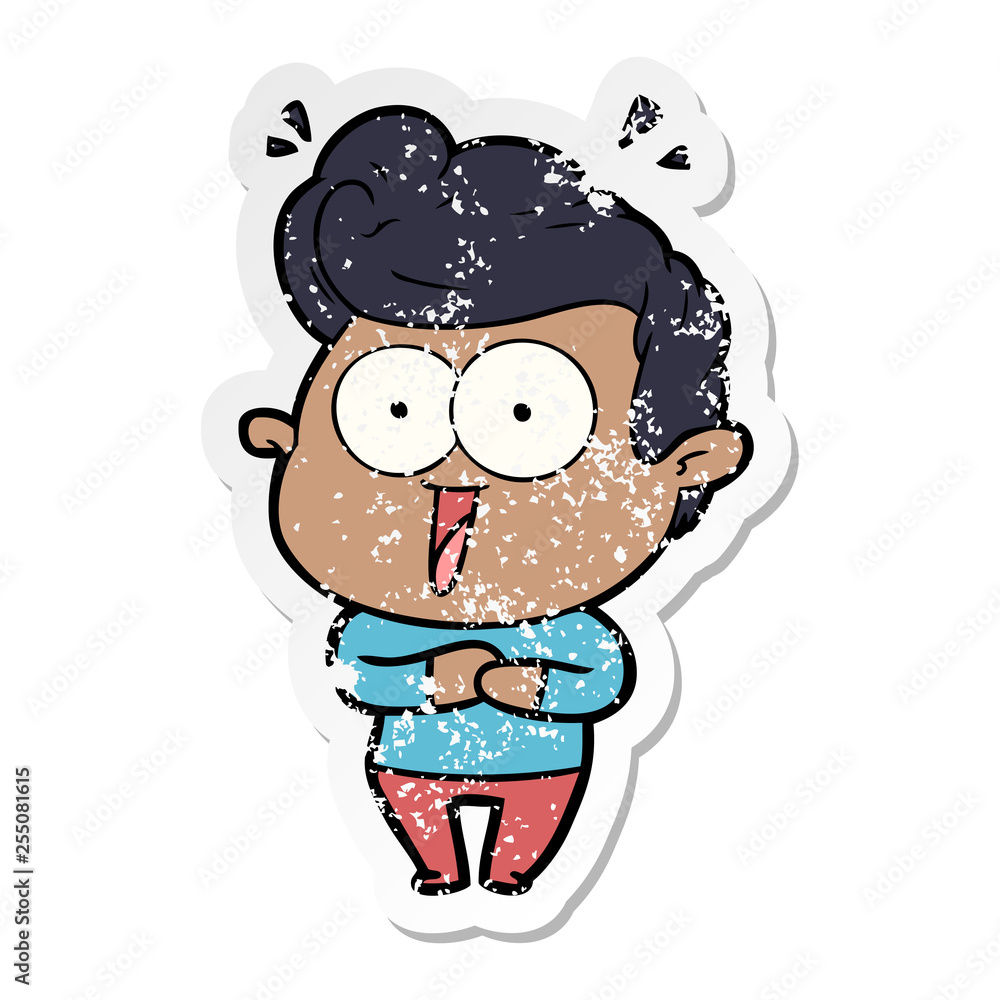 distressed sticker of a cartoon excited man distressed sticker of a cartoon excited man