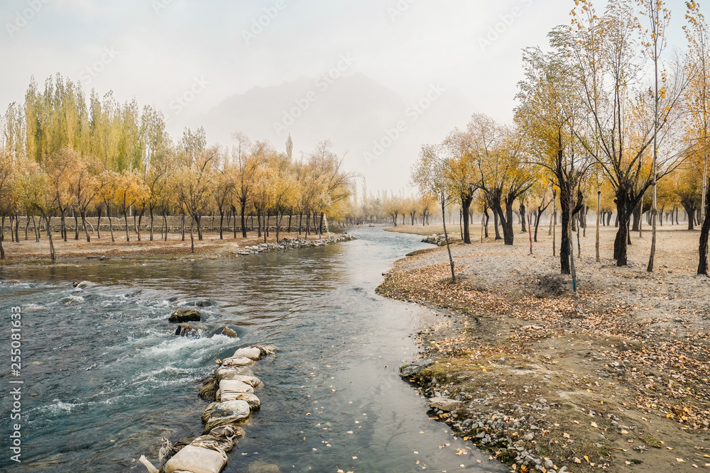 Landscape view of autumn foliage with flowing Hargisa river and cloudy mountain behind the morning fog. Skardu, Gilgit Baltistan, Pakistan. Landscape view of autumn foliage with flowing Hargisa river and cloudy mountain behind the morning fog. Skardu, Gilgit Baltistan, Pakistan.