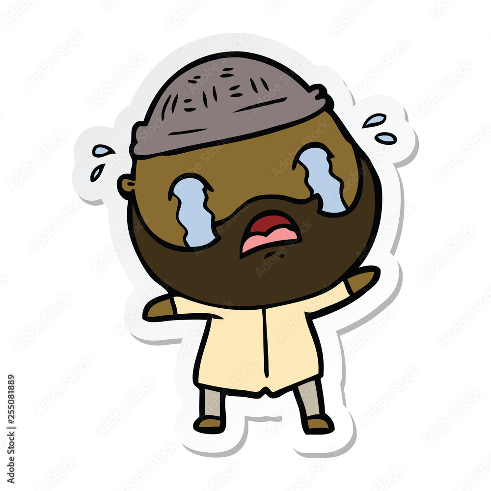 sticker of a cartoon bearded man crying