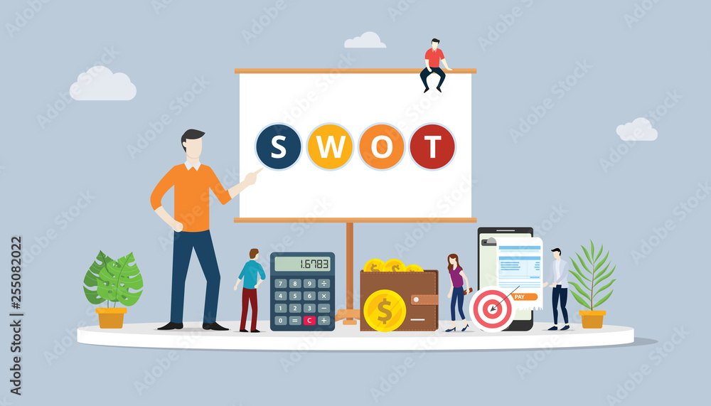swot analysis business concept with team people working together - vector illustration