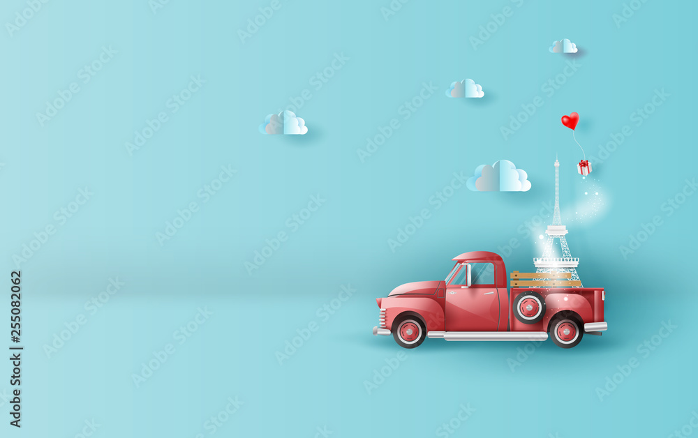 Paper art of Illustration of travel in holiday with red Classic pickup truck car,Vintage pickup truck Carrying Eiffel tower for Traveling balloons by gift box floating on cloud sky,pastel color,vector Paper art of Illustration of travel in holiday with red Classic pickup truck car,Vintage pickup truck Carrying Eiffel tower for Traveling balloons by gift box floating on cloud sky,pastel color,vector