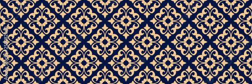 Floral print. Golden seamless pattern on dark blue background