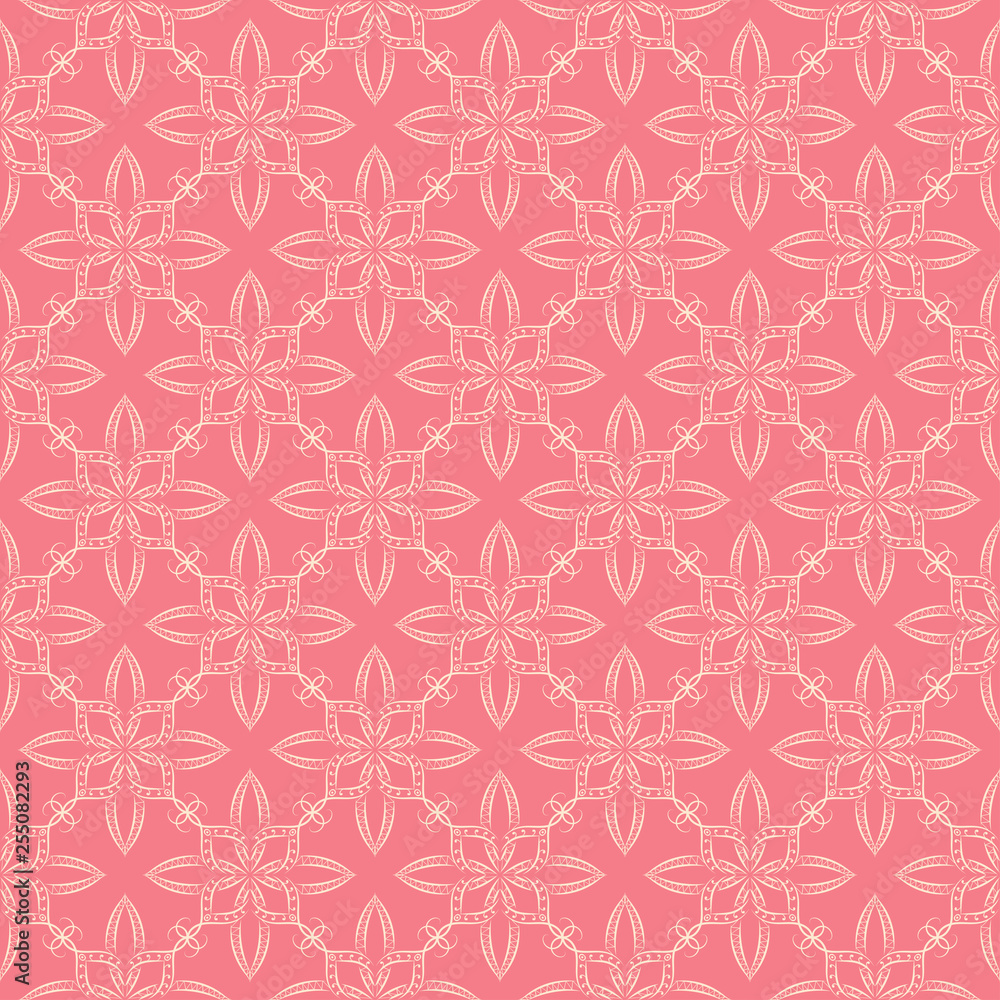 Beige arabic ornament on bright pink background. Seamless pattern