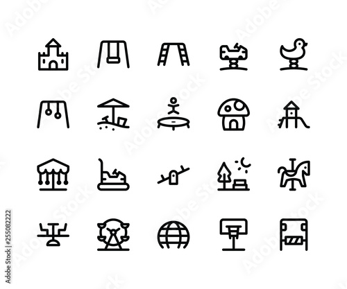 Simple Set of Playground Related Vector Line Icons. Contains such Icons castle, swing, trampoline, slide, seesaw and More. pixel perfect vector icons based on 32px grid. Editable Strokes