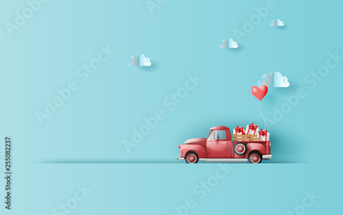 Paper art and craft of Illustration travel in holiday with red classic pickup truck car,Vintage pickup truck by Balloon gift box for pastel color background,Festival period of celebration vector.