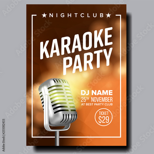 Karaoke Poster Vector. Vintage Karaoke Studio. Musical Record. Broadcast Object. Communication Style. Abstract Template. Rock Fun. Modern Sound. Creative Layout. Audio Element. Realistic Illustration