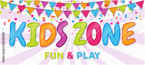 Colorful banner for kids zone in cartoon style. Place for fun and play, kids room.