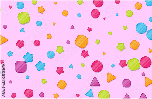 Pink background with colorful confetti. Design for kids in cartoon style.