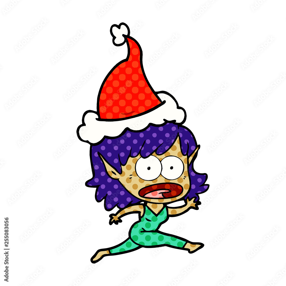 comic book style illustration of a shocked elf girl wearing santa hat comic book style illustration of a shocked elf girl wearing santa hat