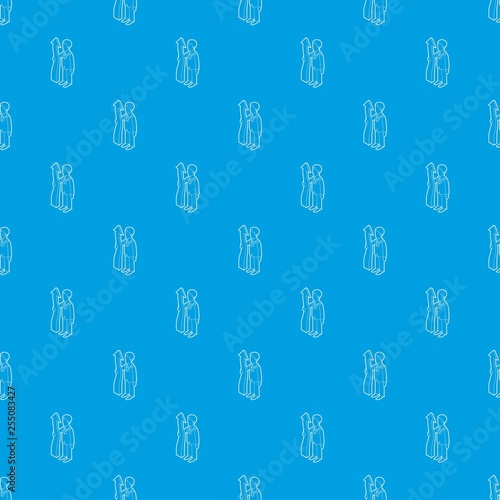 Business man holding arrow up indicating success pattern vector seamless blue repeat for any use